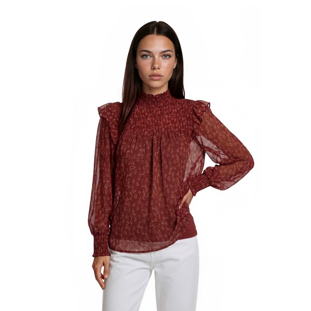 Free People Smocked Blouse Women's Size XS Burgundy Floral Ruffle‎ Mock Neck